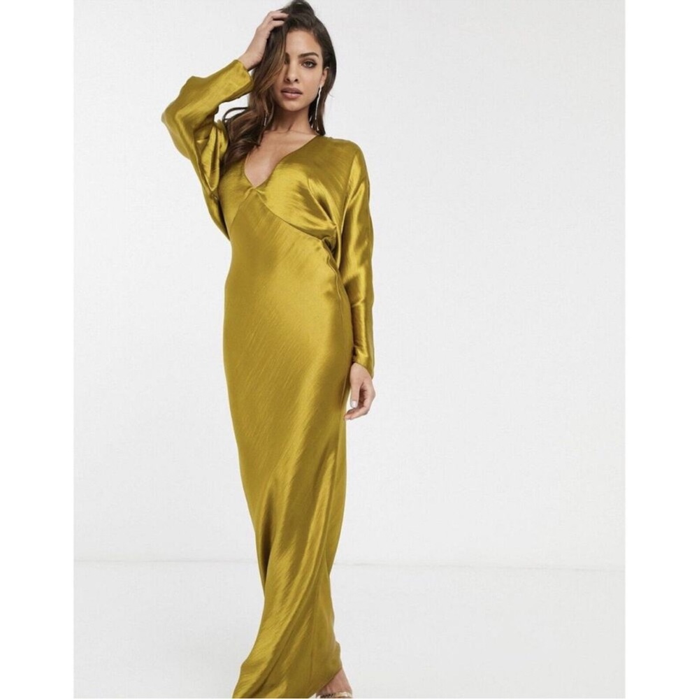 ASOS Gold Brat Liquid V Neck Bat Wing Maxi Dress